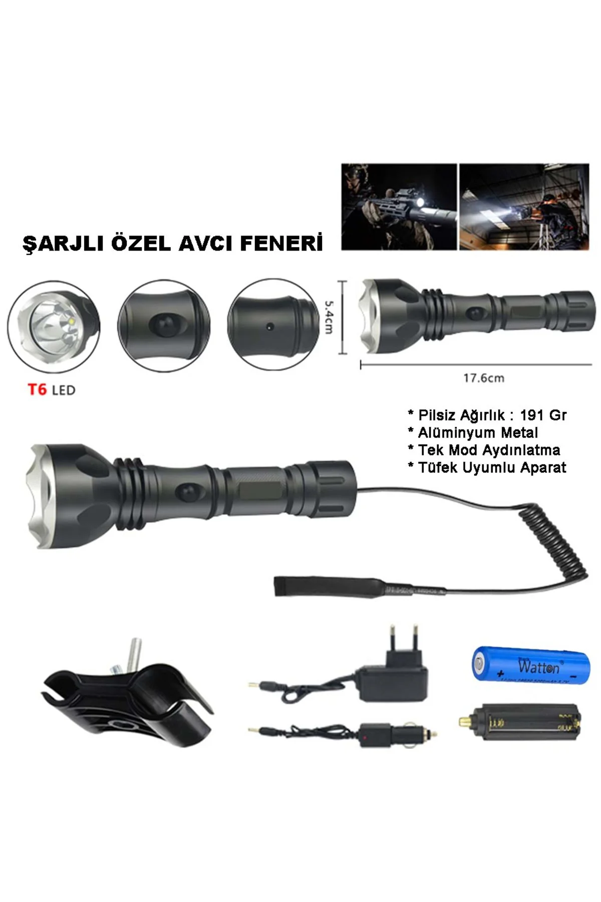 600 Lümen Tx6 Şarjlı Özel Avcı Feneri Watton Wt-253 Siyah