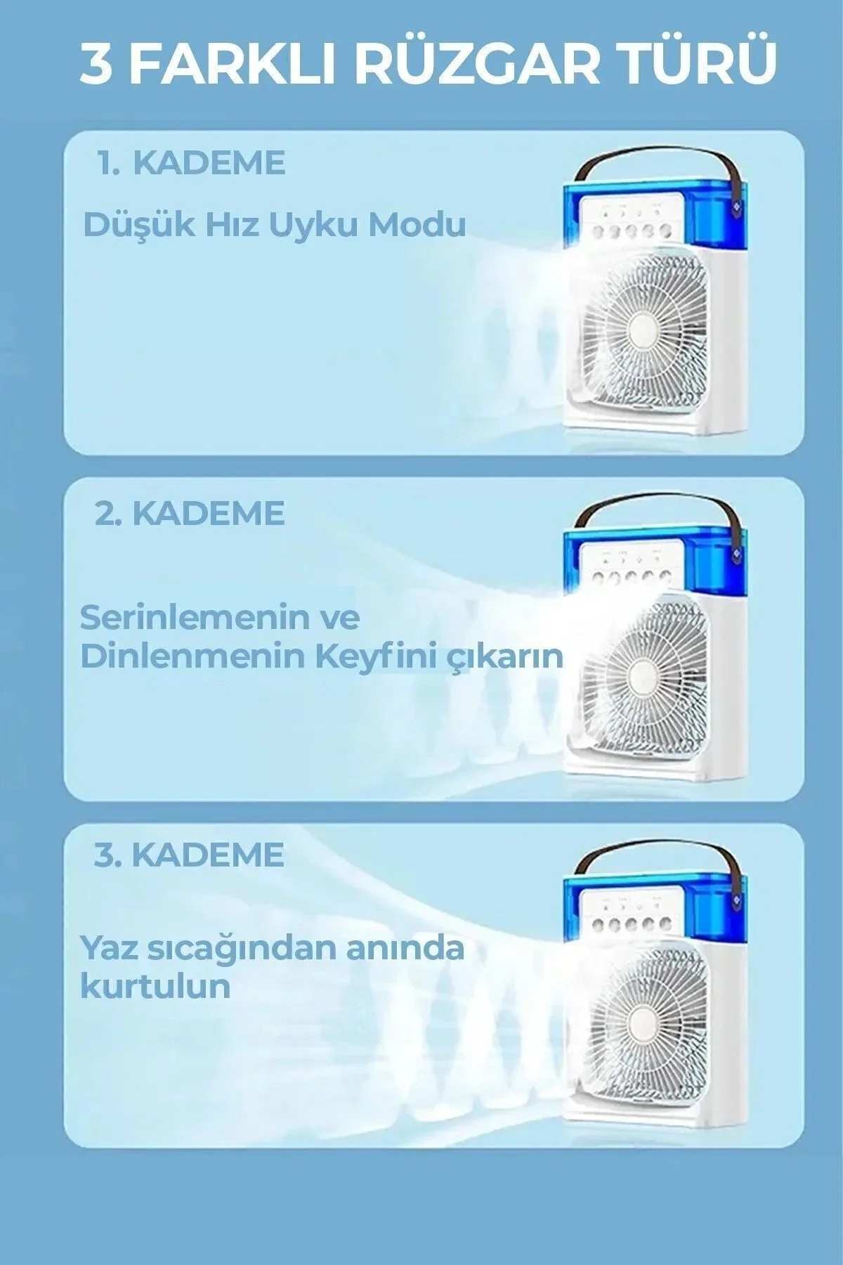 600 ml Su Hazneli Masaüstü Vantilatör, Çok Renkli Işıklı ve Buhar Nemlendirme Özellikli