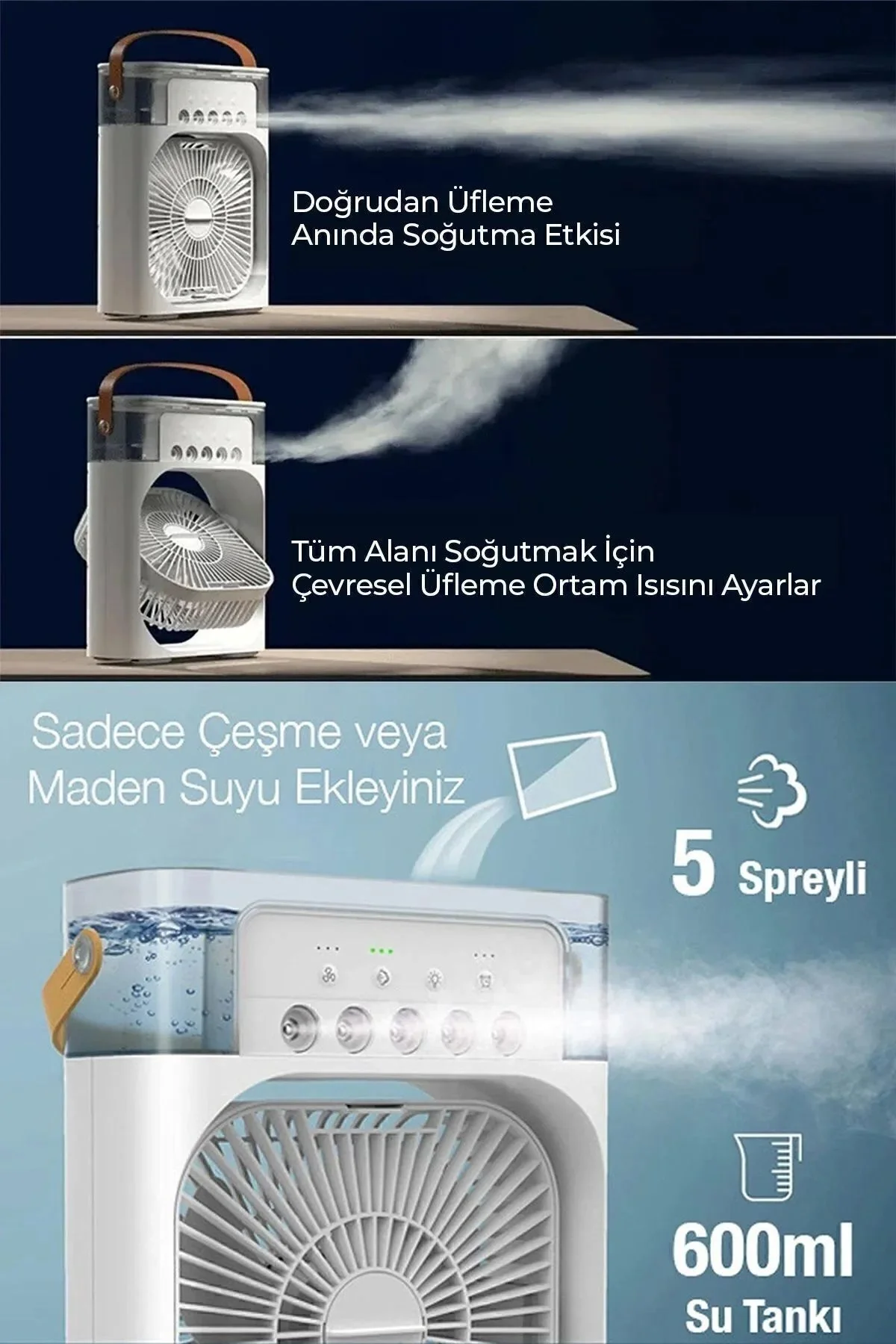 600 ml Su Hazneli Masaüstü Vantilatör, Çok Renkli Işıklı ve Buhar Nemlendirme Özellikli