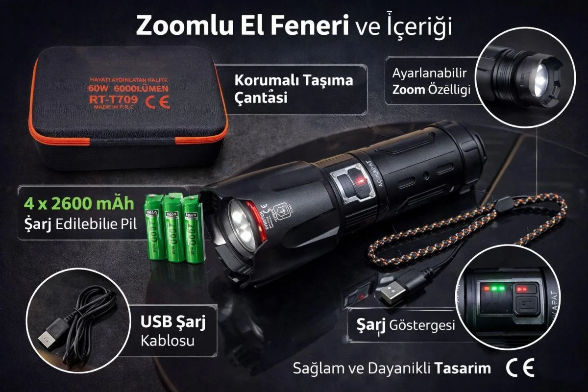 6000 Lümen 60W Şarjlı El Feneri - 2 KM Menzilli 10400 mAh Powerba 6000 Lümen 60W Şarjlı El Feneri - 2 KM Menzilli 10400 mAh Powerba