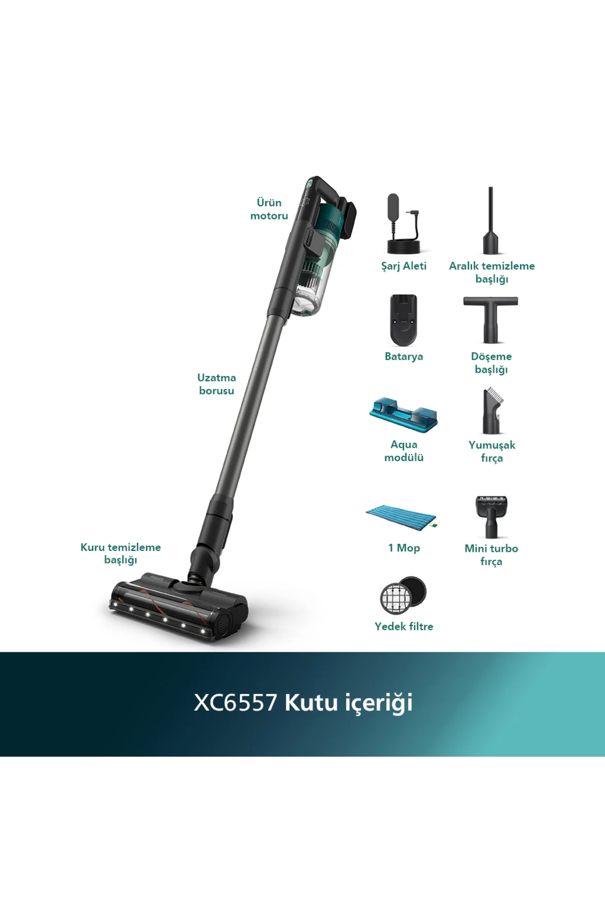 6000 Serisi Kablosuz Dikey Süpürge, PowerCyclone 11, Aqua Modül ile Kolay Mop, TriActive, XC6557/01 6000 Serisi Kablosuz Dikey Süpürge, PowerCyclone 11, Aqua Modül ile Kolay Mop, TriActive, XC6557/01