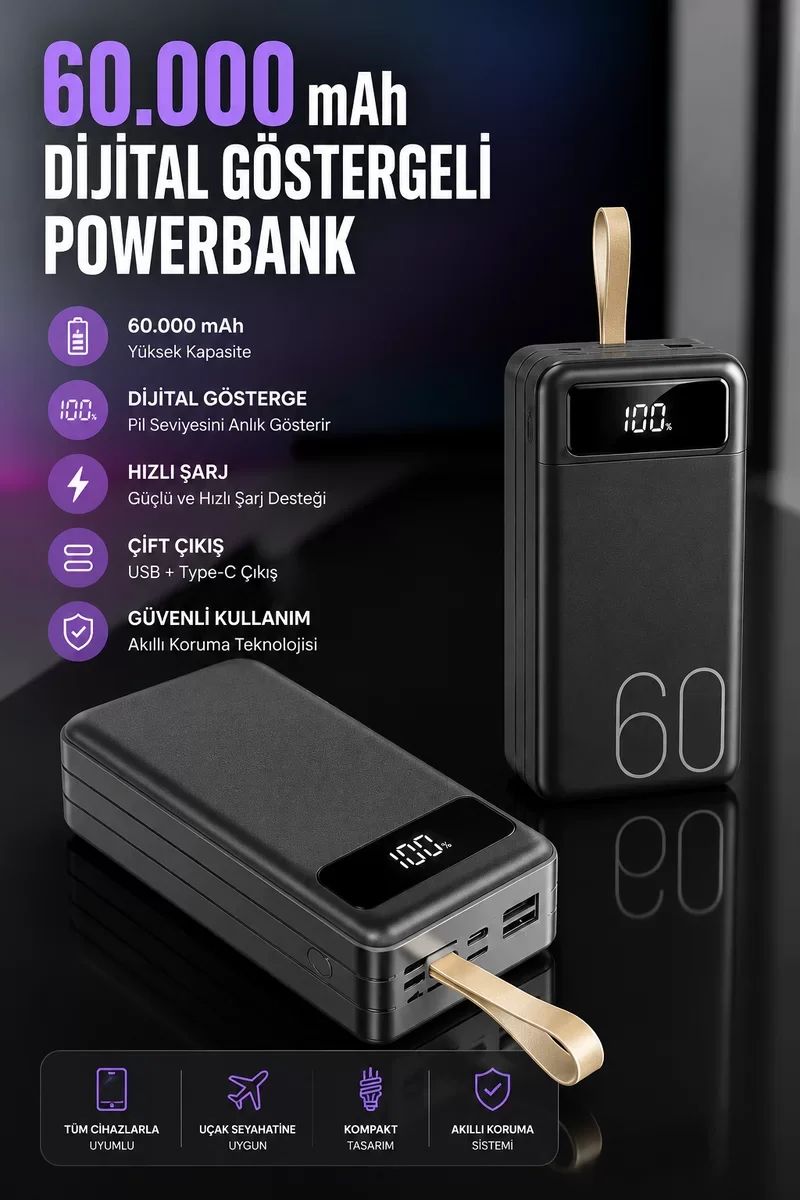 60.000 Mah 4 Çıkışlı Taşınabilir Powerbank - Dijital Göstergeli ve Uzun Süreli Şarj