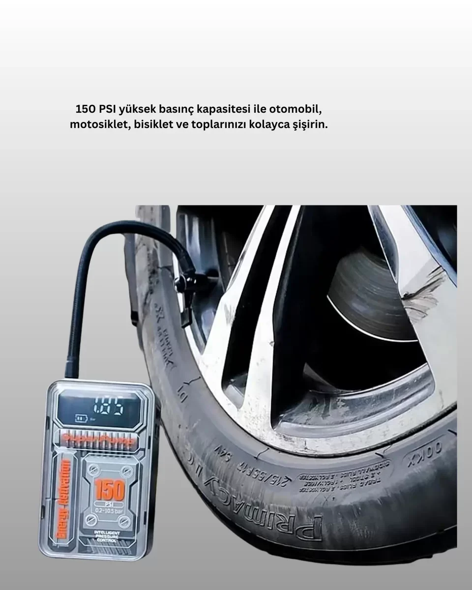 6000mAh Akıllı Hava Kompresörü - LED Ekranlı ve 150PSI Güçlü Lastik Pompası