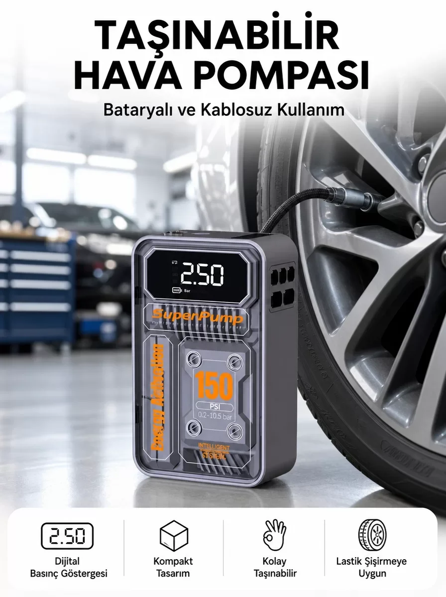 6000mAh Akıllı Hava Kompresörü - LED Ekranlı ve 150PSI Güçlü Lastik Pompası