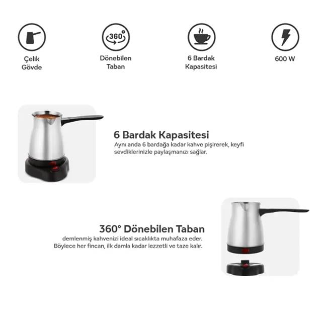 600W 6 Fincan Elektrikli Türk Kahve Makinesi Paslanmaz Çelik Inox