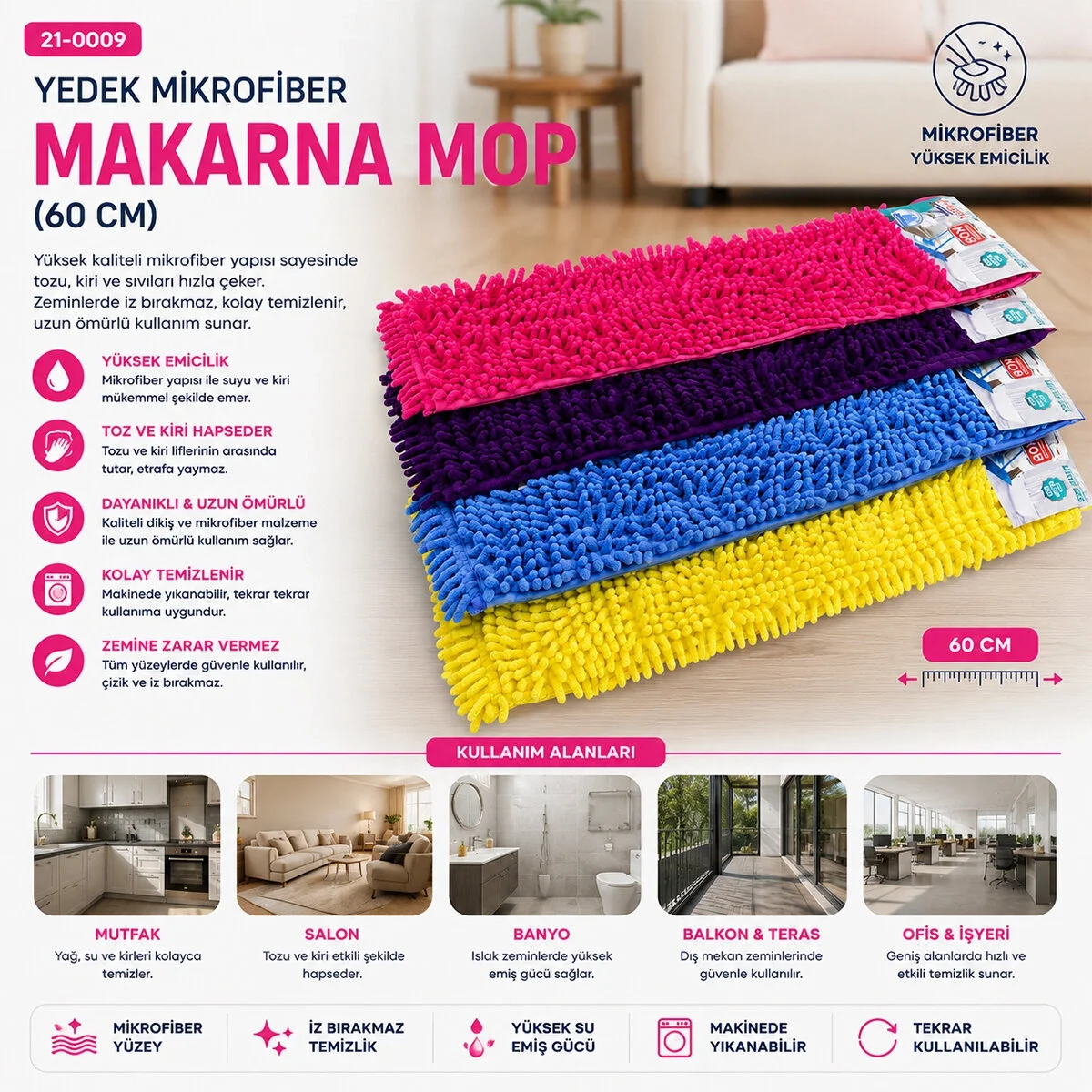 60cm.yedek Mikrofiber Renkli Makarna Mop Bx40 60cm.yedek Mikrofiber Renkli Makarna Mop Bx40