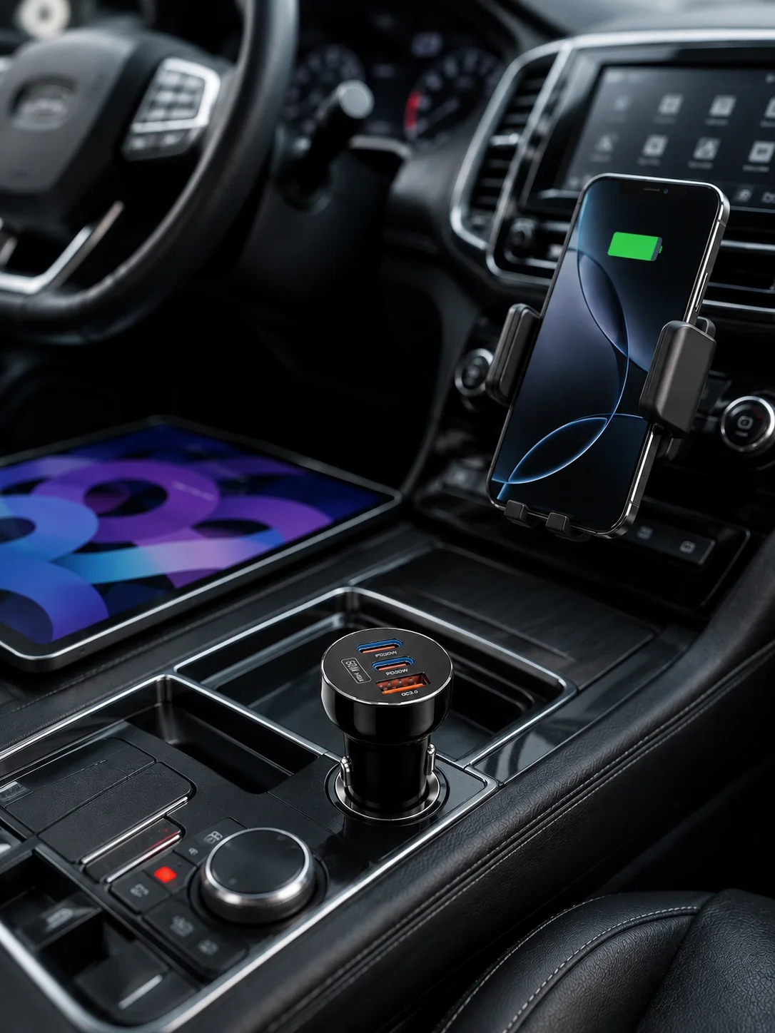 60W Araç İçi Hızlı Şarj Adaptörü Çift USB-C PD ve USB-A QC3.0