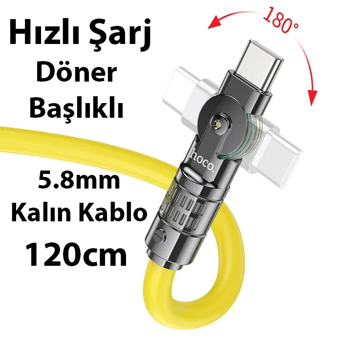 60W Döner Type-C Şarj Kablosu – 180° Kırılmaz Başlık, 1.2m
