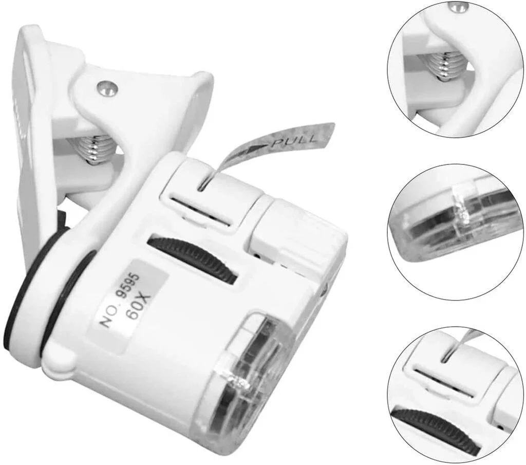 60X Mini Mandallı Mikroskop UV Ledli Büyüteç - Cep Telefonu ile Uyumlu Taşınabilir