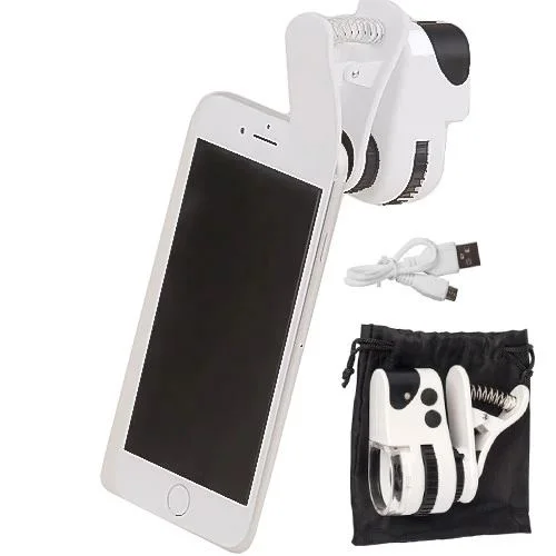 60X Mini Mandallı Mikroskop UV Ledli Büyüteç - Cep Telefonu ile Uyumlu Taşınabilir