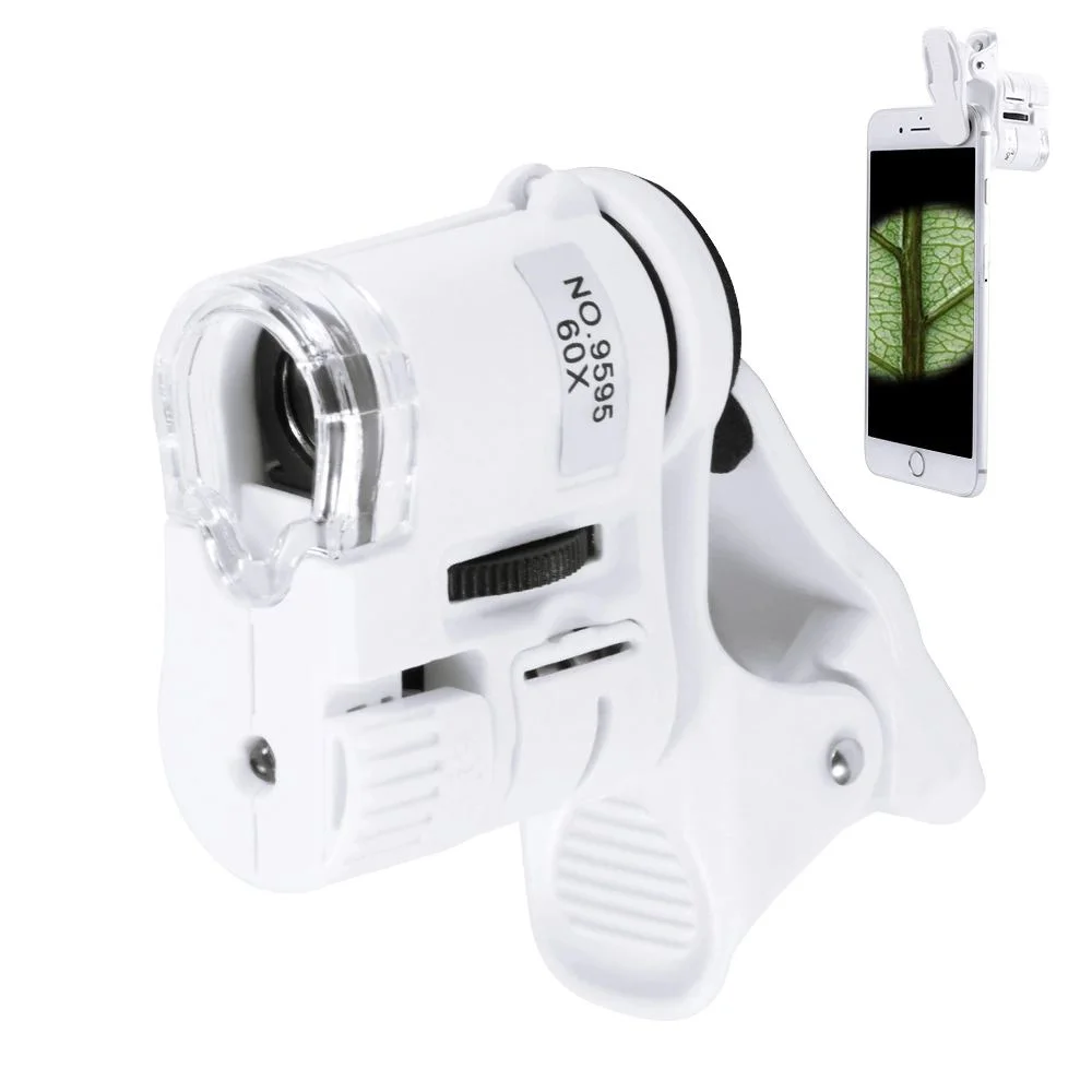 60X Mini Mandallı Mikroskop UV Ledli Büyüteç - Cep Telefonu ile Uyumlu Taşınabilir