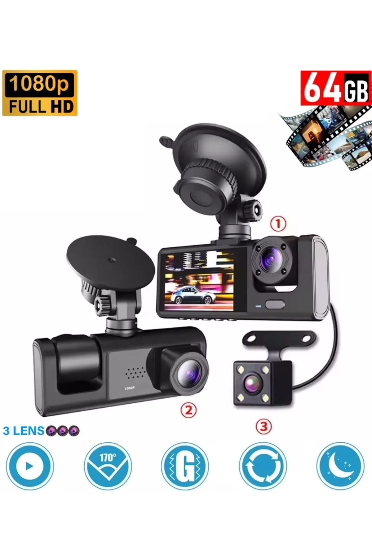 64GB Araç İçi Kamera 3 Kameralı (Yol + Araç İçi+ Arka) FHD Video 
