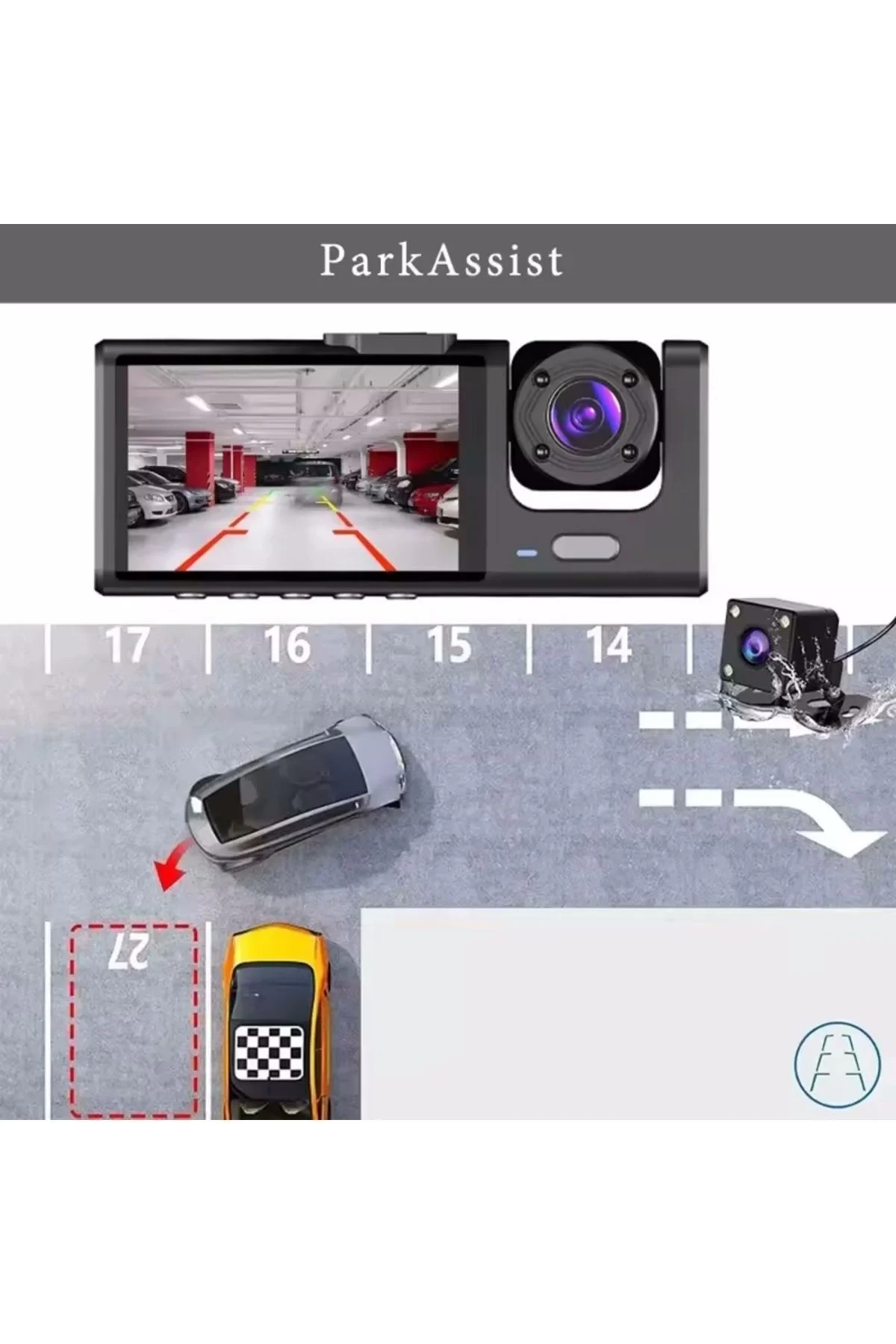 64GB Araç İçi Kamera 3 Kameralı (Yol + Araç İçi+ Arka) FHD Video 