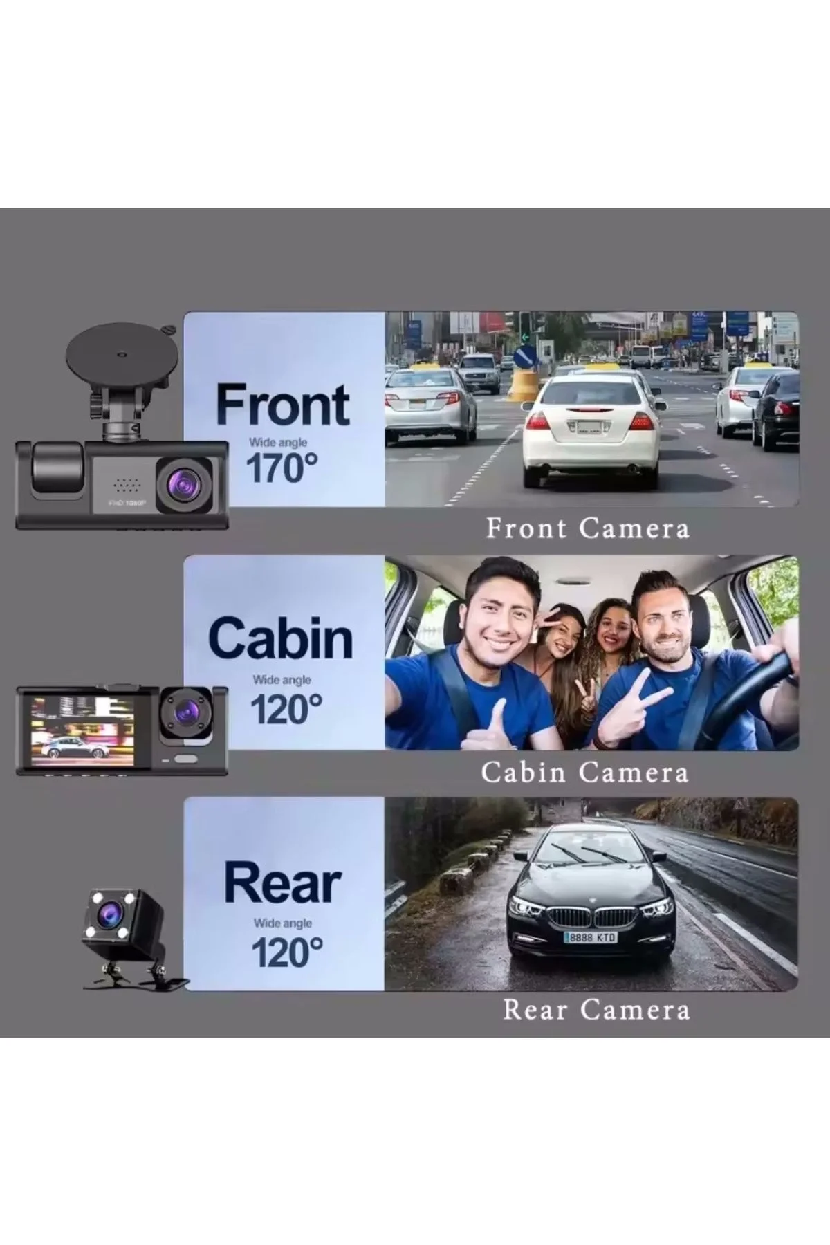 64GB Araç İçi Kamera 3 Kameralı (Yol + Araç İçi+ Arka) FHD Video 