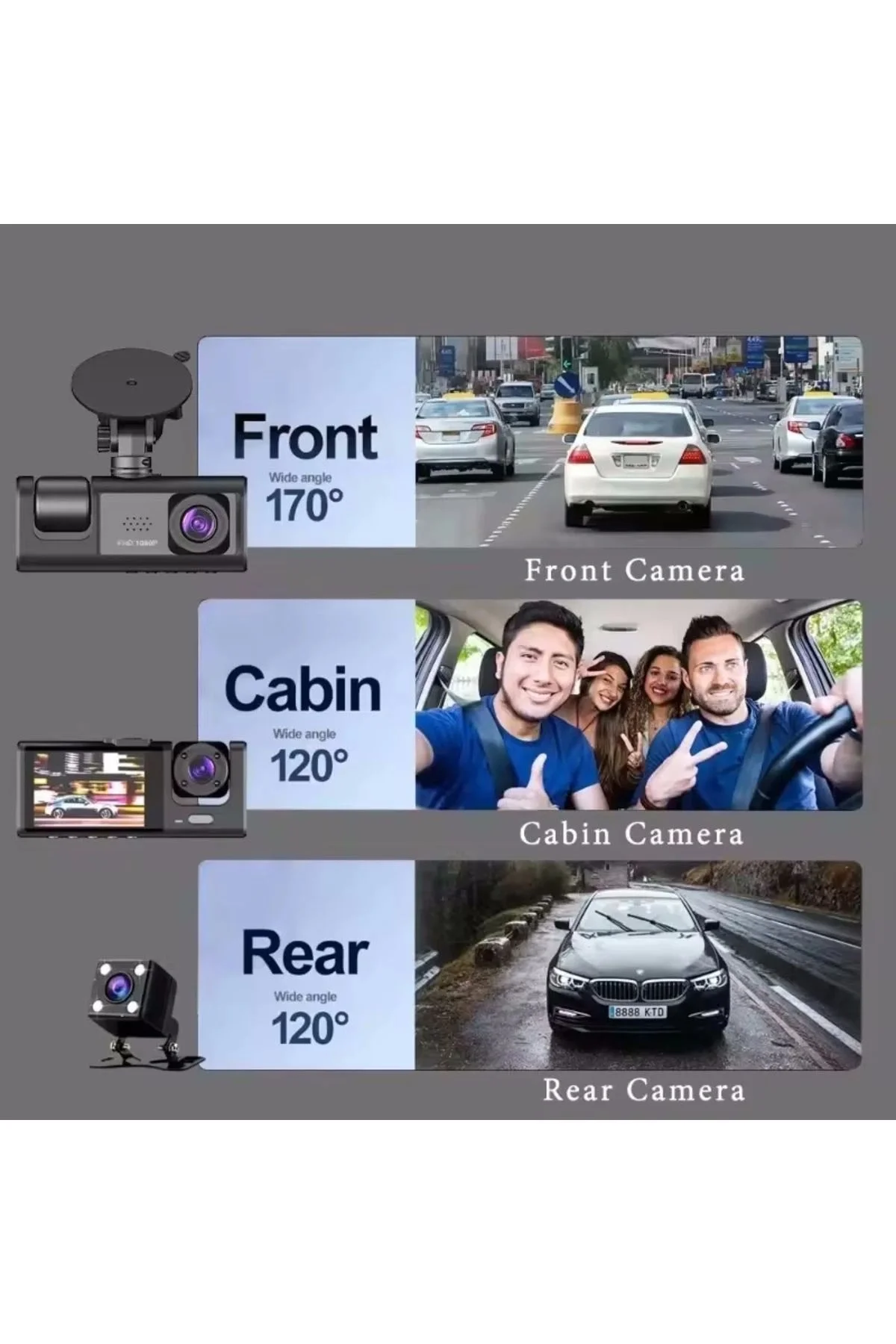 64GB Araç İçi Kamera 3 Kameralı (Yol + Araç İçi+ Arka) FHD Video Kayıt Mikrofonlu Türkçe CC-33