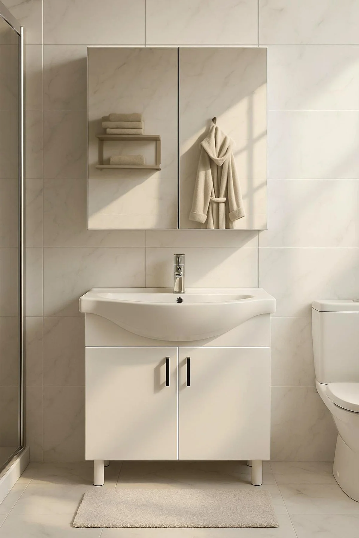 65 cm Beyaz MDF Seramik Lavabolu Ayaklı Aynalı Banyo Dolabı
