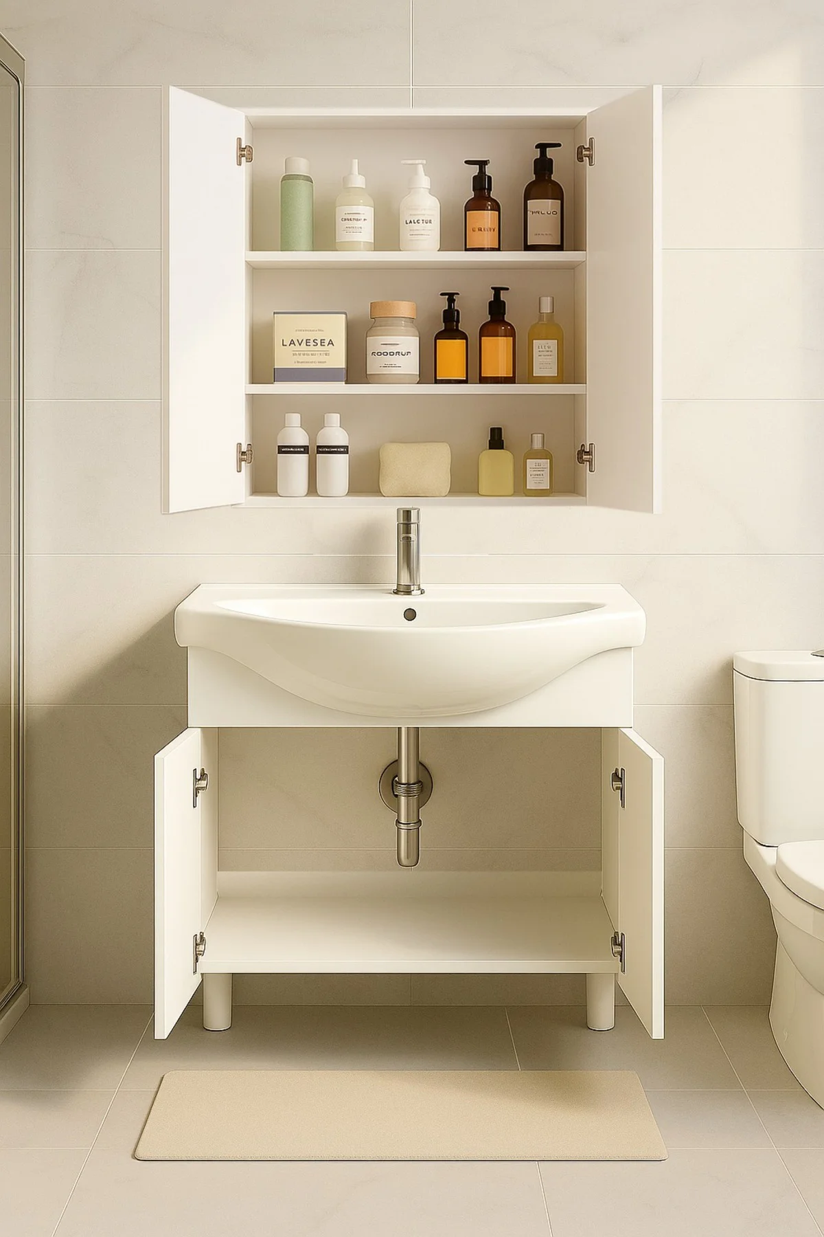 65 cm Beyaz MDF Seramik Lavabolu Ayaklı Aynalı Banyo Dolabı