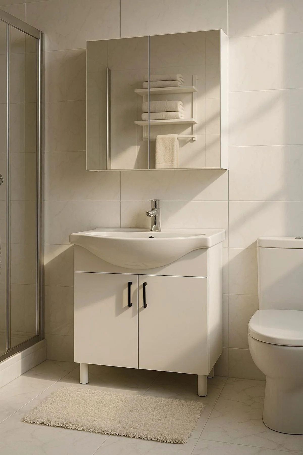 65 cm Beyaz MDF Seramik Lavabolu Ayaklı Aynalı Banyo Dolabı