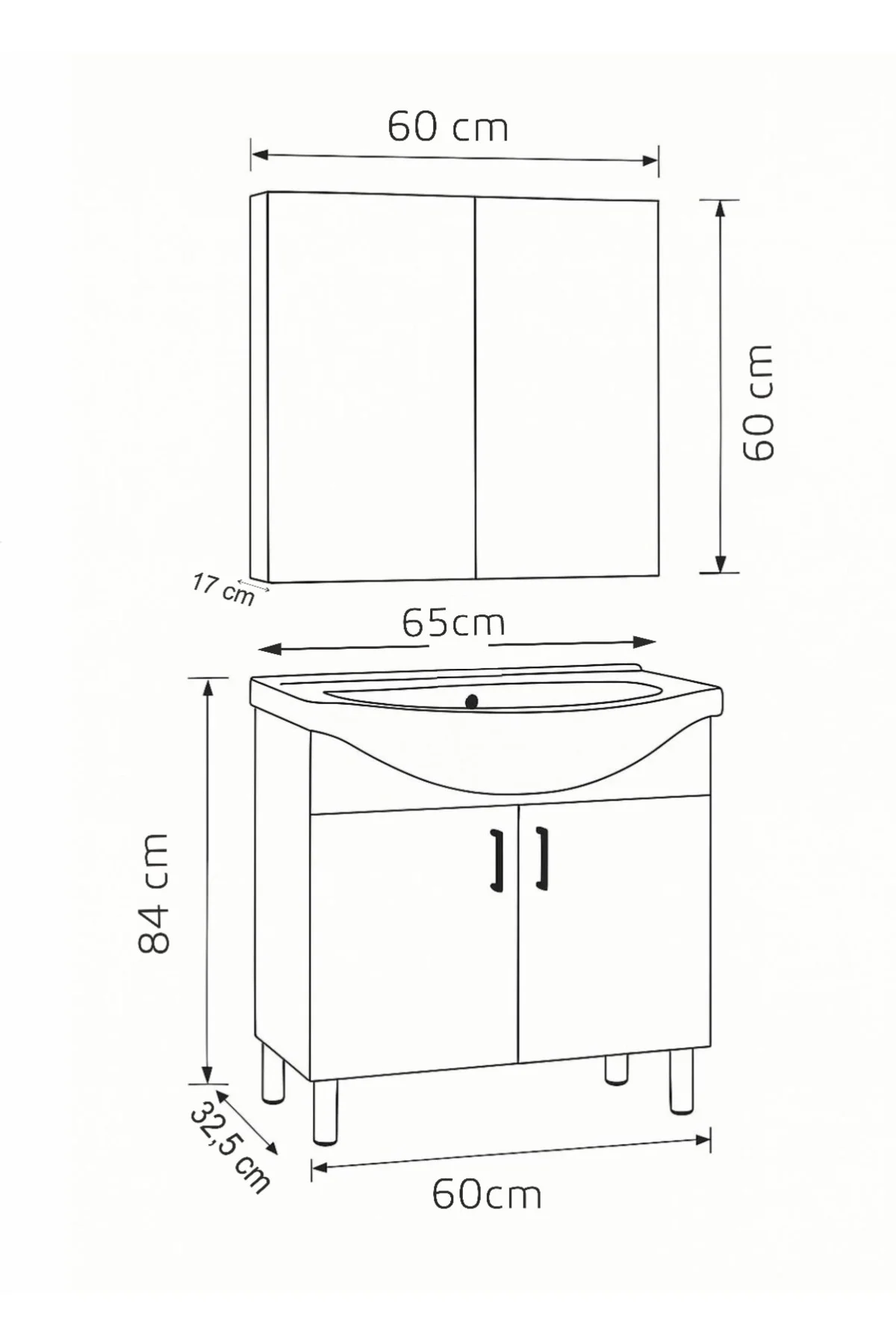65 cm Beyaz MDF Seramik Lavabolu Ayaklı Aynalı Banyo Dolabı