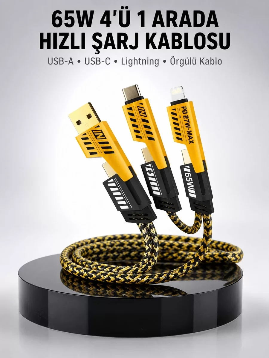 65W 4'ü 1 Arada Çoklu Şarj Kablosu – USB-C USB-A Lightning Veri v