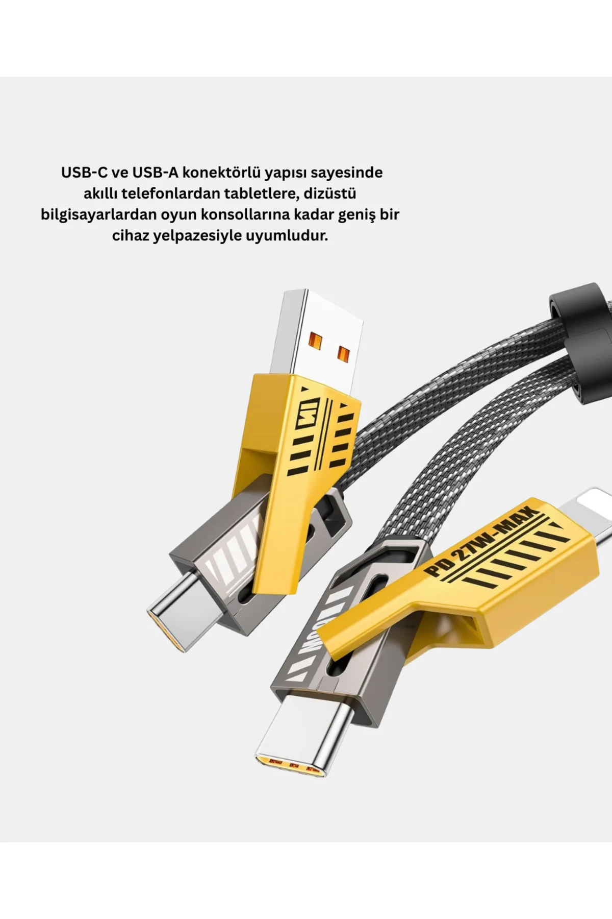 65W Çoklu Şarj Kablosu 4’ü 1 Arada Örgülü Hızlı Veri Aktarım USB-C USB-A