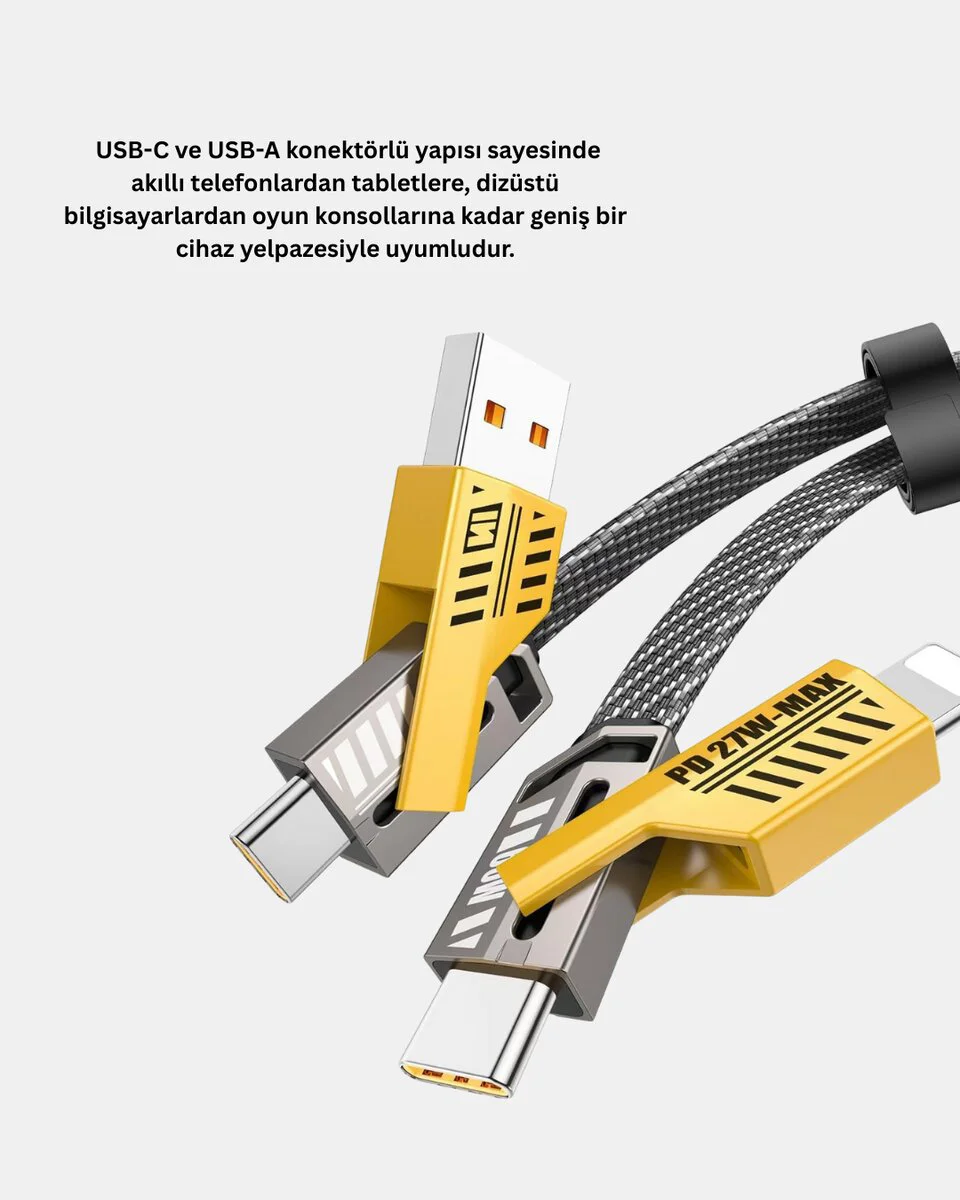 65W Çoklu Şarj Kablosu 4’ü 1 Arada Örgülü USB-C USB-A Hızlı Veri Aktarım Dizüstü Bilgisayar Uyumlu