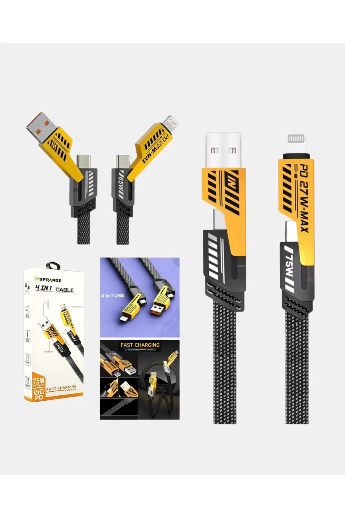 65W Çoklu Şarj Kablosu 4’ü 1 Arada Örgülü Hızlı Veri Aktarım USB-C USB-A