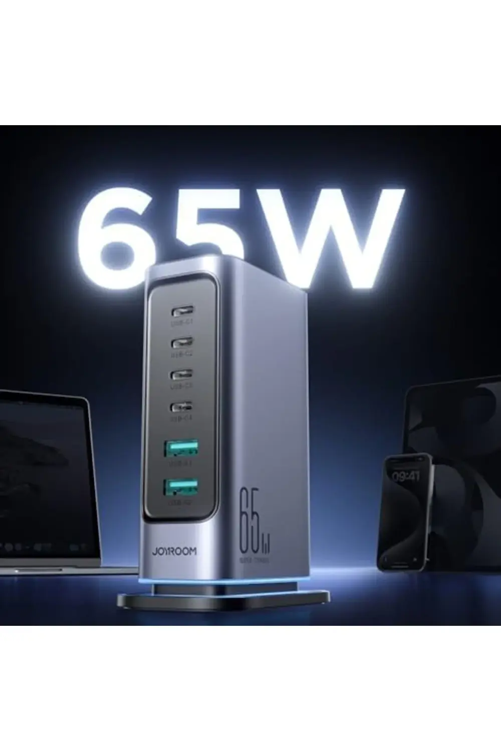 65W GaN Çok Portlu Şarj İstasyonu, 4 USB-A Portu, 2 USB-C Portu,