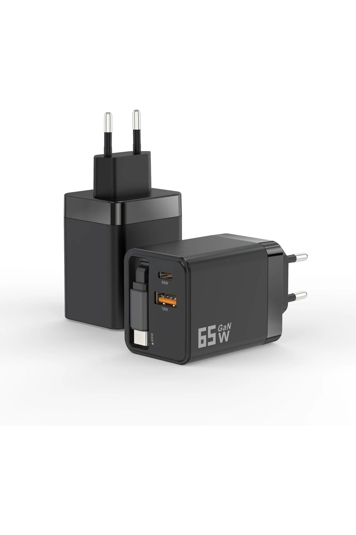 65W GaN Hızlı Şarj Cihazı - Dahili Type-C Kablolu, PD 65W + USB 18W Çift Portlu, MacBook ve iP