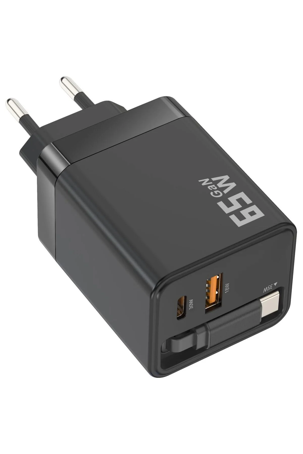 65W GaN Hızlı Şarj Cihazı - Dahili Type-C Kablolu, PD 65W + USB 18W Çift Portlu, MacBook ve iP