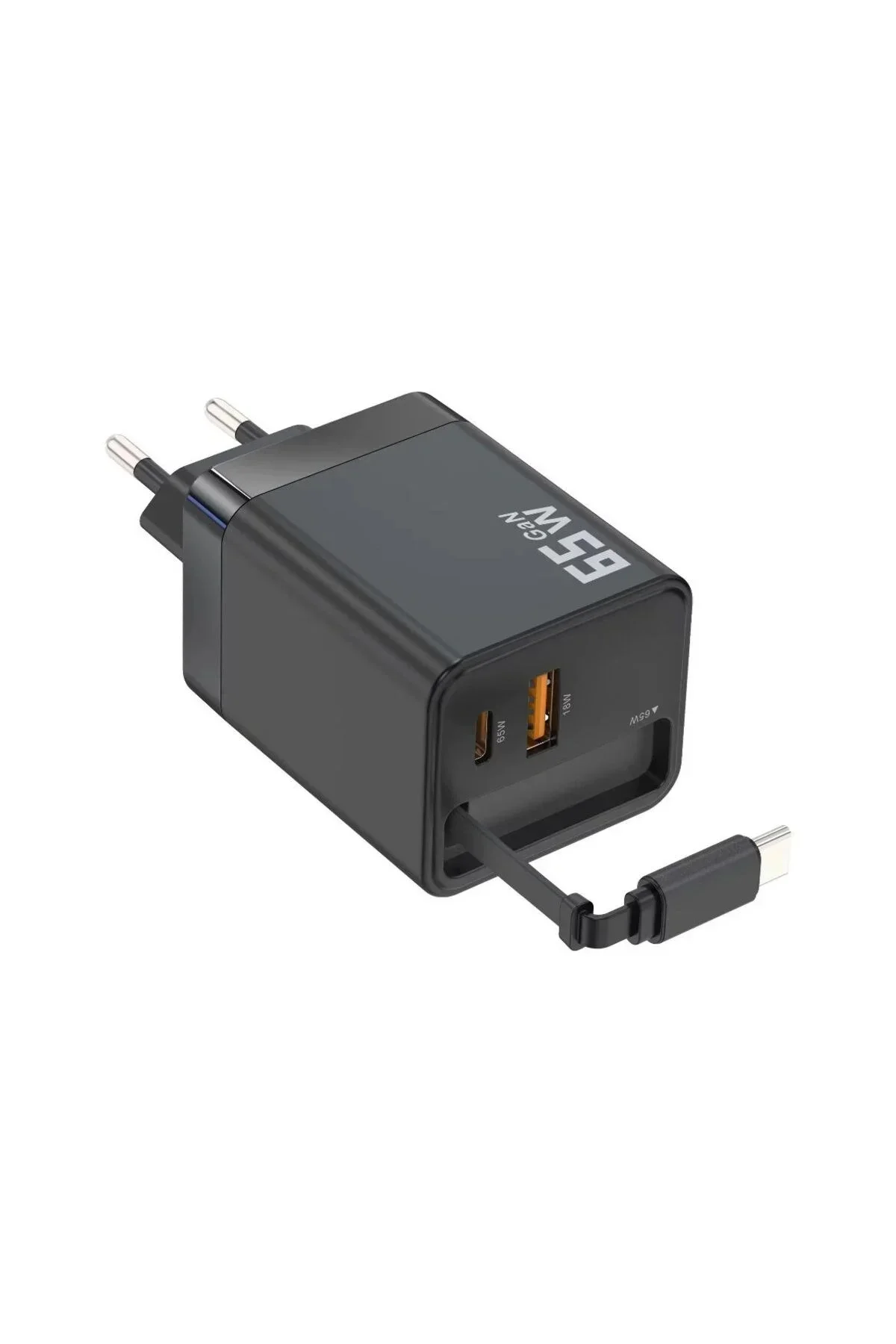 65W Süper Hızlı Şarj Cihazı | Dahili Type-C Kablo | USB-C & USB-A Çıkış | Çoklu Cihaz Desteği