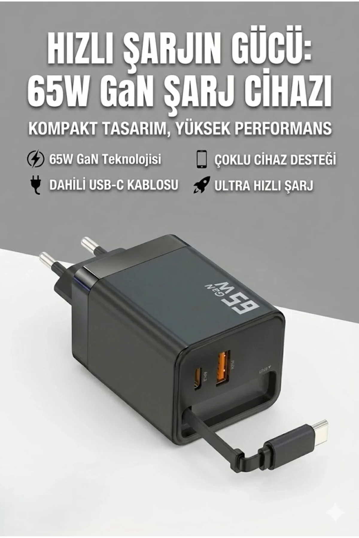 65W Süper Hızlı Şarj Cihazı | Dahili Type-C Kablo | USB-C &amp; USB-A Çıkış | Çoklu Cihaz Desteği