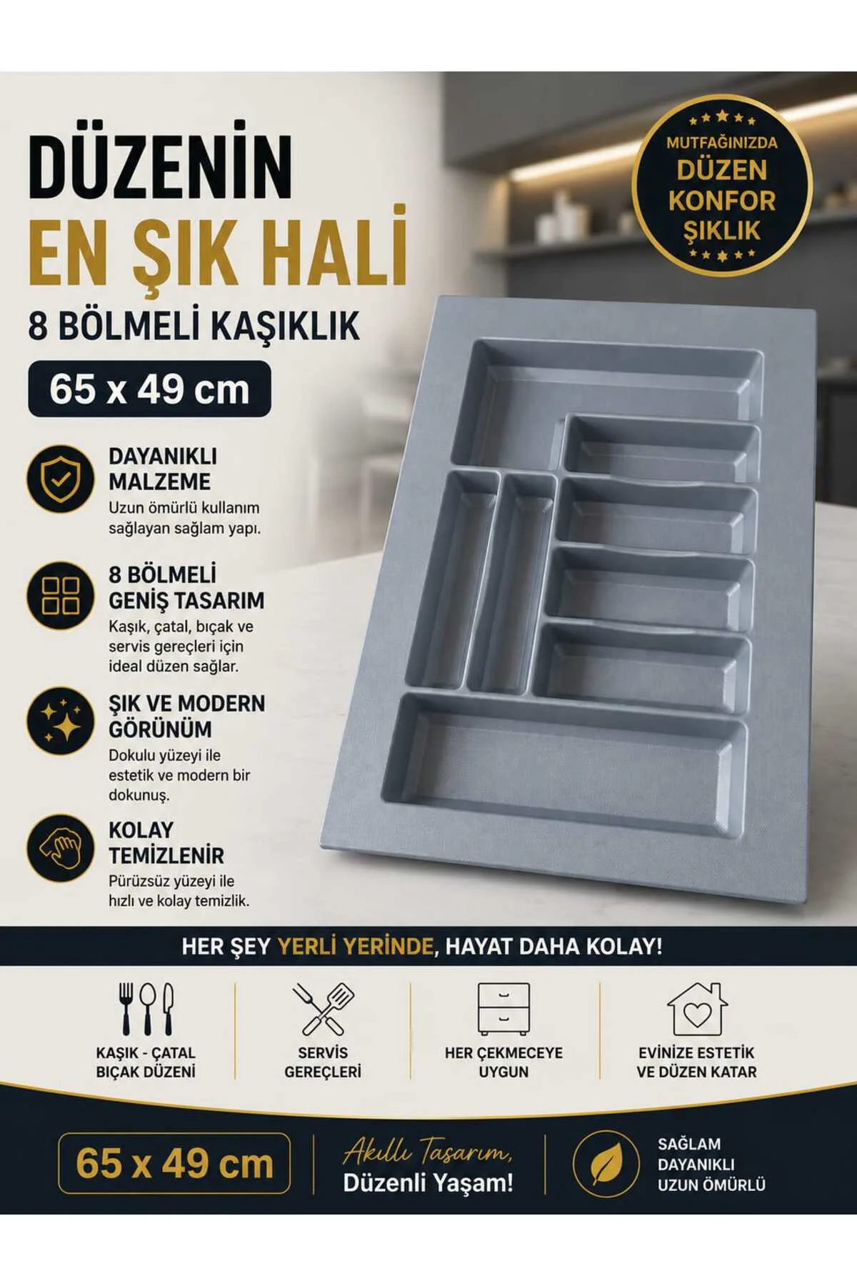 65x49 Cm Çekmece İçi Kaşıklık Organizer Çatal Kaşık Düzenleyici 65 cm düzenleyici (58X41 CM E KESİLEBİLİR)