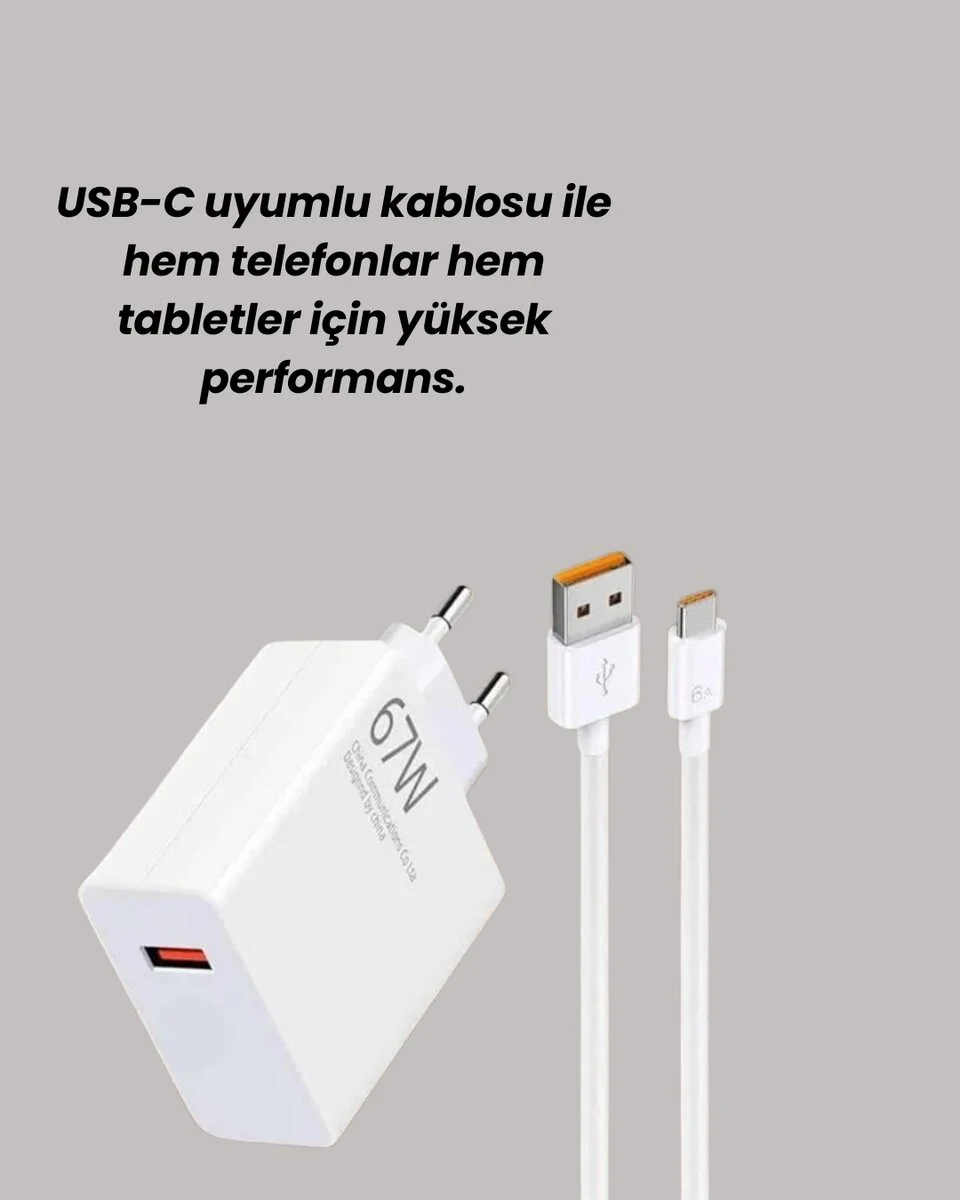 67W Turbo Hızlı Şarj Adaptörü ve Type-C Kablo Güvenli Şarj Teknolojisi