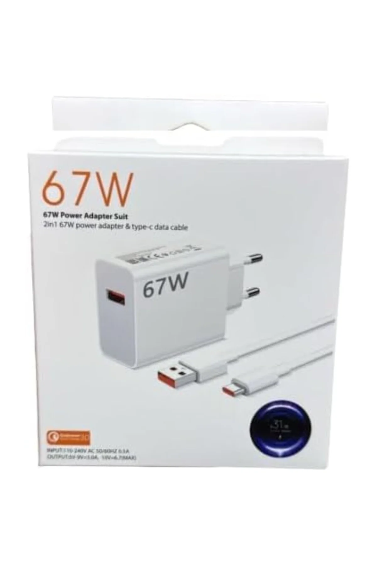 67W Type-C Şarj Adaptörü ve Kablo Seti, Saniye Gösterir Turbo Hızlı Şarj Göstergeli,İphone