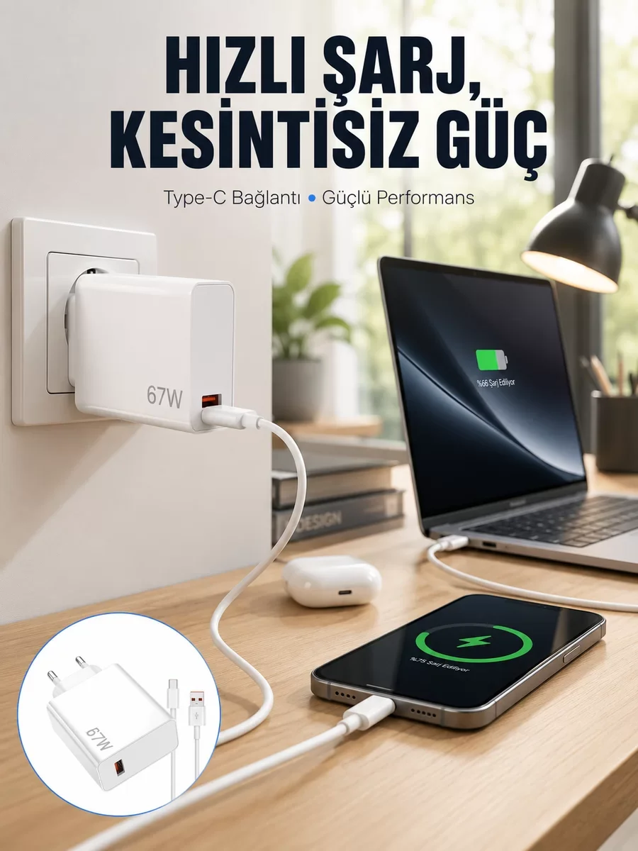 67W Type-C Turbo Şarj Cihazı - Yeni Nesil Aşırı Akım ve Isı Korumalı Seyahat Uyumlu
