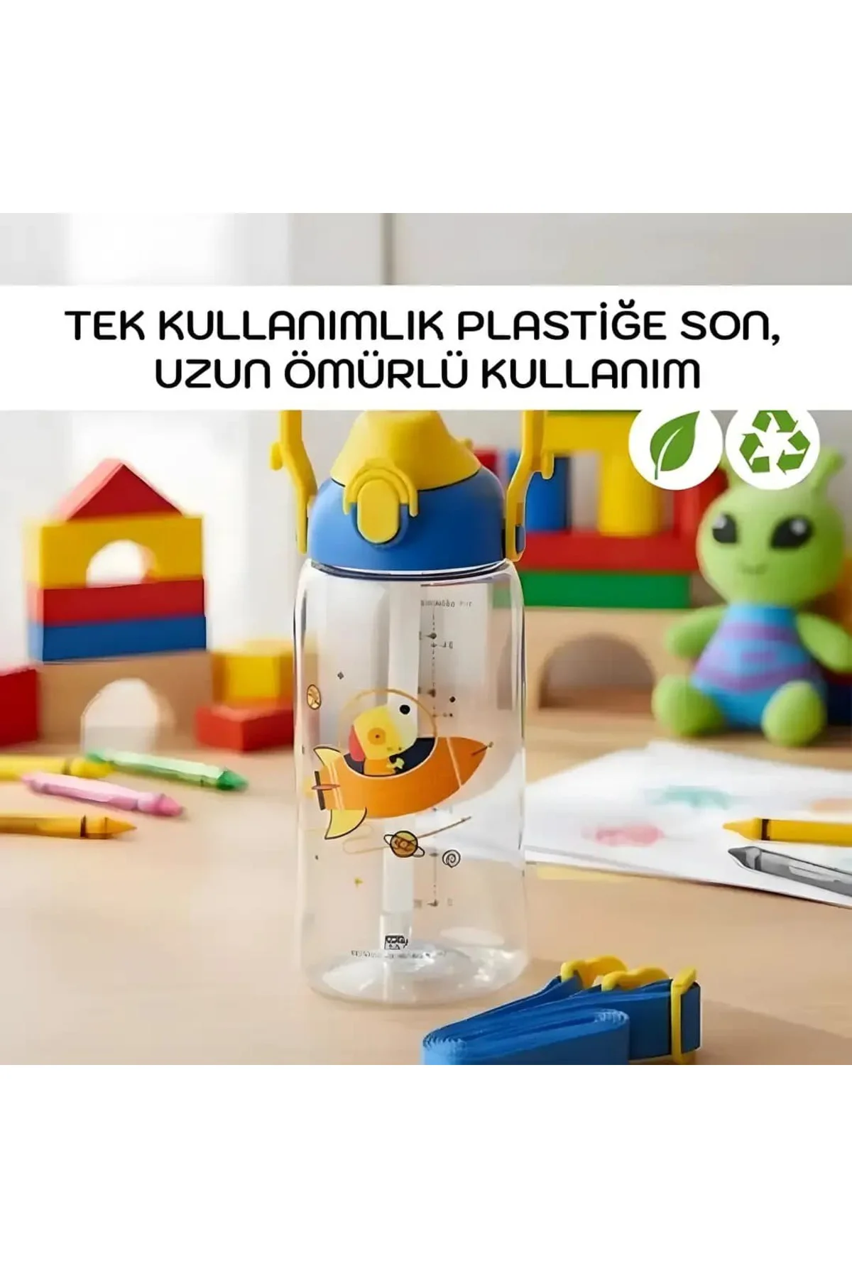 680 ml Pipetli Isırılamaz Desenli Çocuk Su Matarası - Tritan Suluk