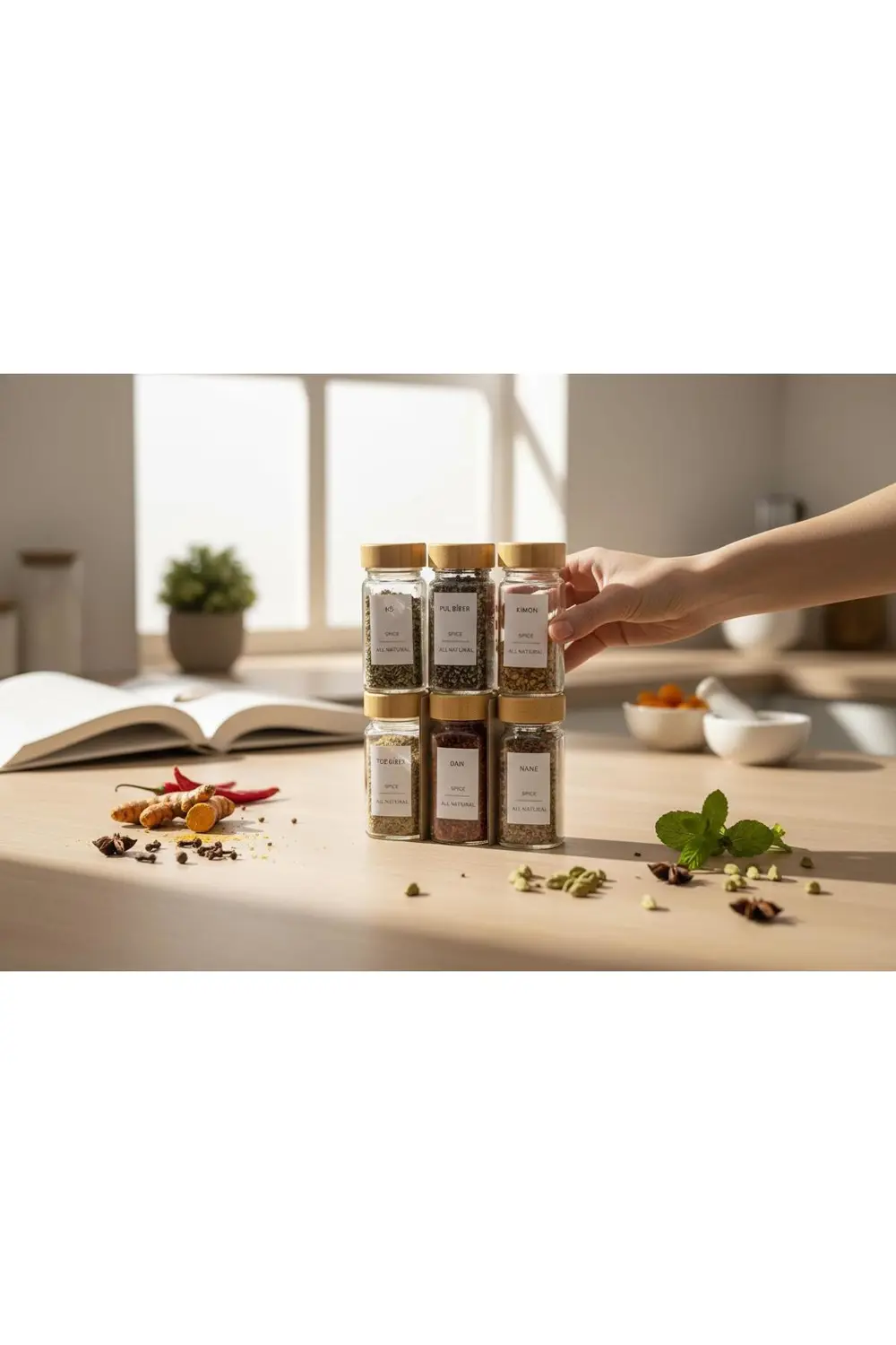 6'lı Baharat Kavanozu Bambu Kapaklı Serpme Başlıklı Çeyizlik Baha