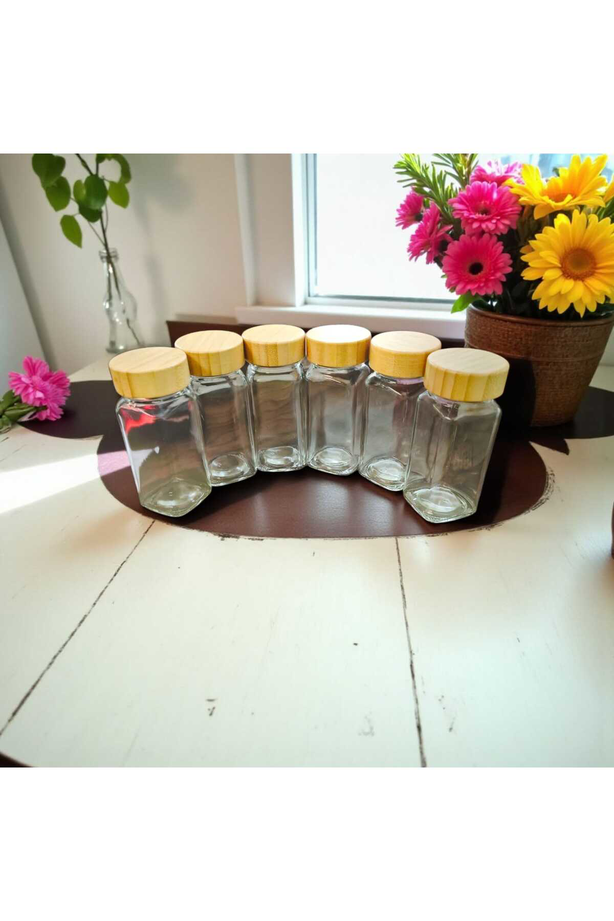 Kaveh 6'Li Baharat Kavanozu Bambu Kapakli Serpme Başlikli Çeyizlik Baha