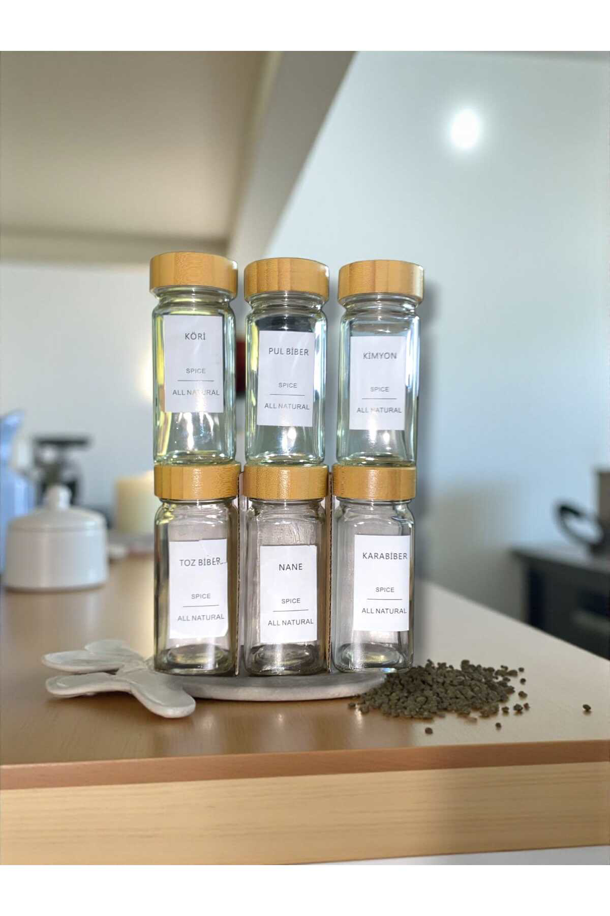 Kaveh 6'Li Baharat Kavanozu Bambu Kapakli Serpme Başlikli Çeyizlik Baha