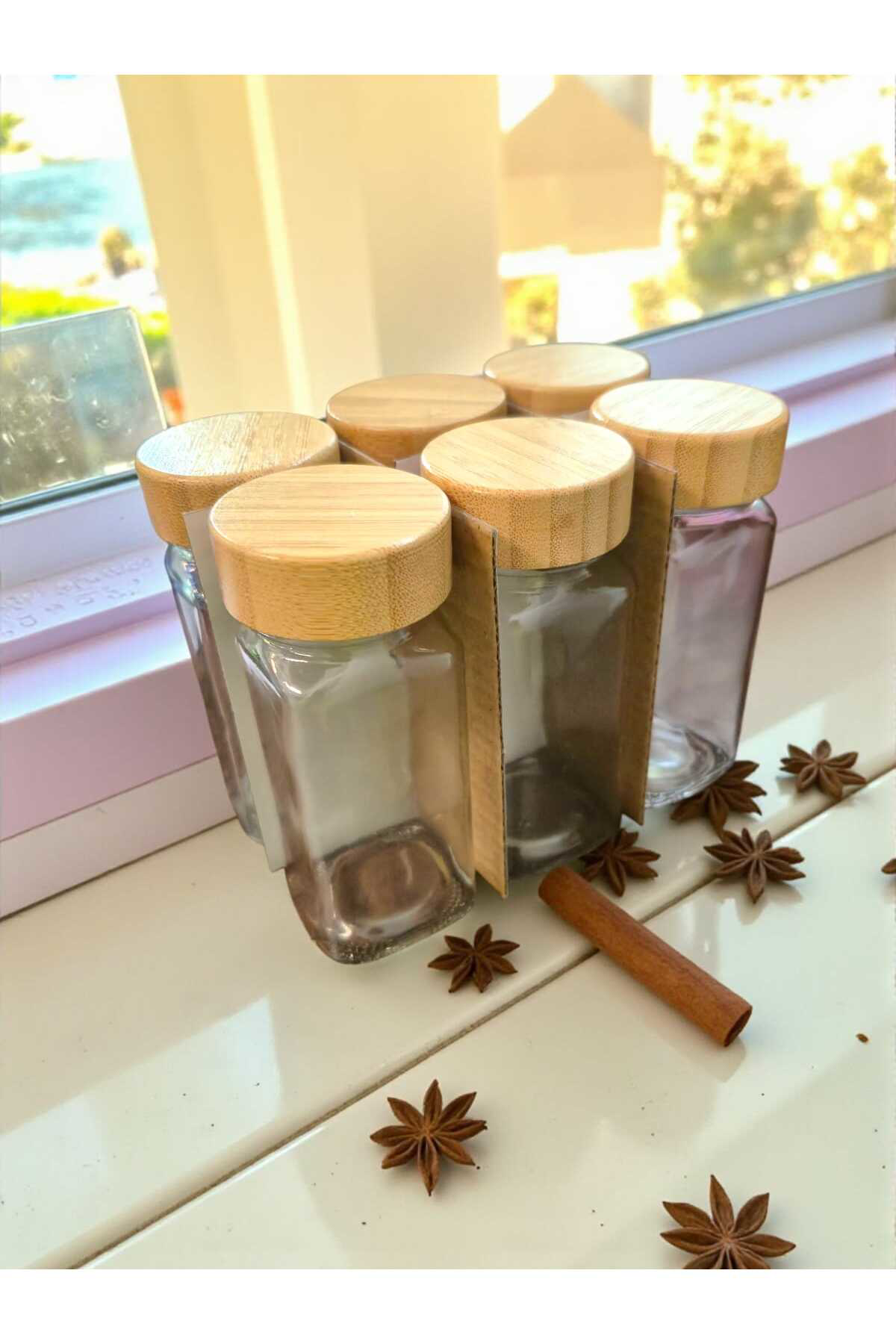 Kaveh 6'Li Baharat Kavanozu Bambu Kapakli Serpme Başlikli Çeyizlik Baha