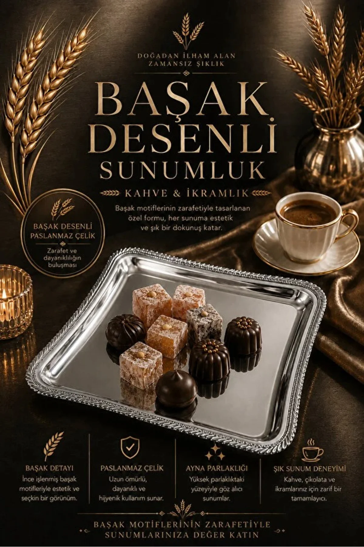 6'lı Başak Desenli Tepsi - Gümüş Çerçeve Paslanmaz Çelik Kahve ve İkram Servis Sunum Tepsisi Fiyatı, Yorumları ve Özellikleri