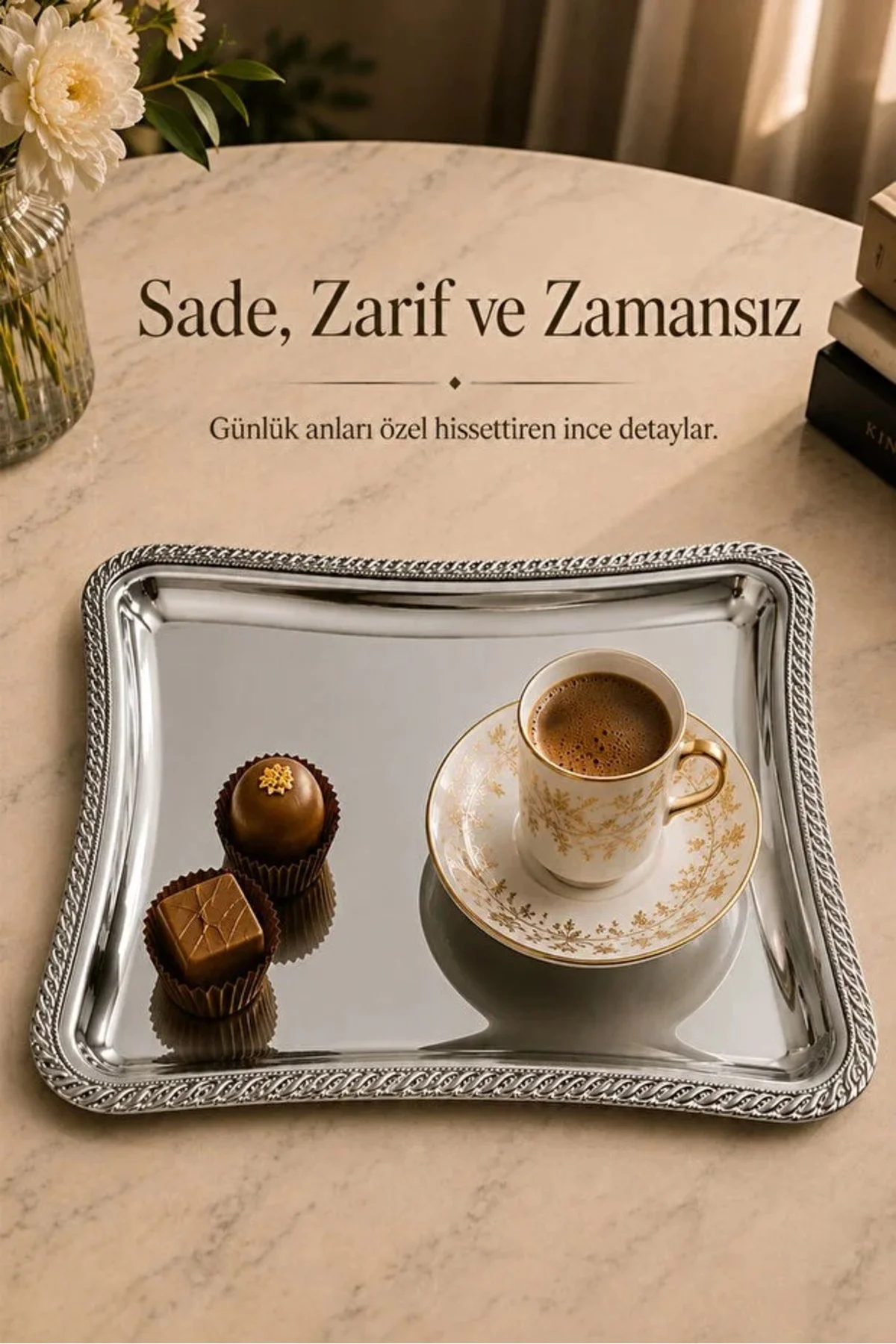 6'lı Başak Desenli Tepsi - Gümüş Çerçeve Paslanmaz Çelik Kahve ve İkram Servis Sunum Tepsisi Fiyatı, Yorumları ve Özellikleri