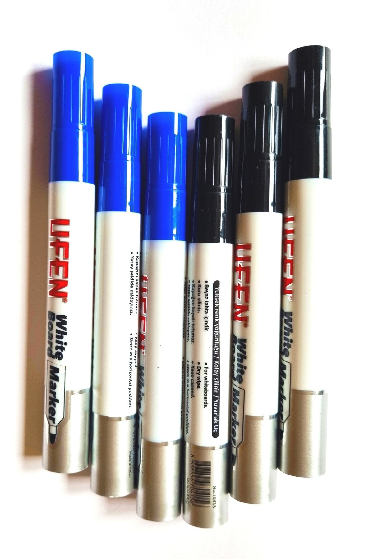 Ufen 6'Lı Beyaz Tahta Kalemi  - 3 Adet Mavi 3 Adet Siyah