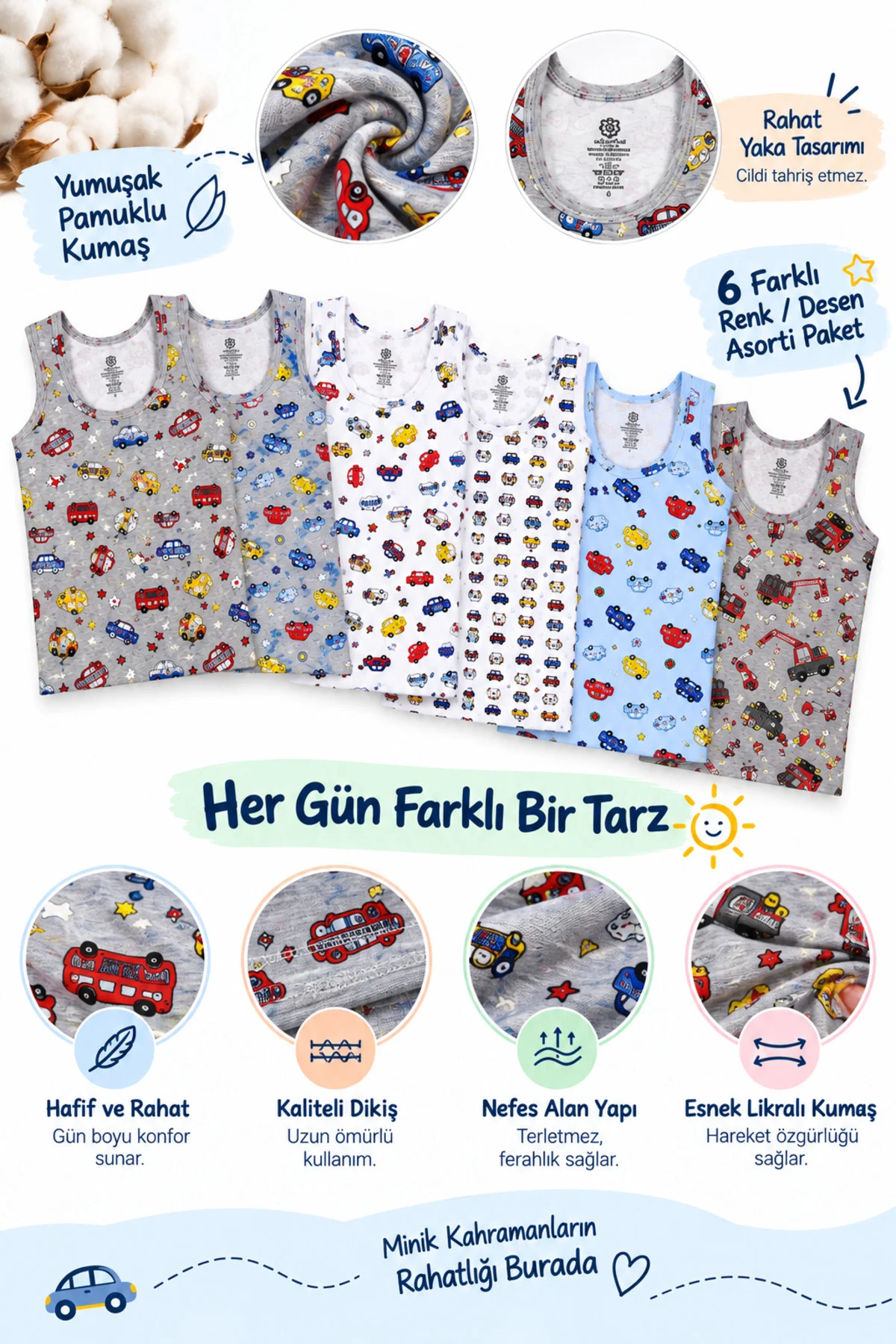 6'lı Erkek Çocuk Empirme Likralı Geniş Askılı Atlet %95 Pamuk %5 Likra Desenli Asorti Paket