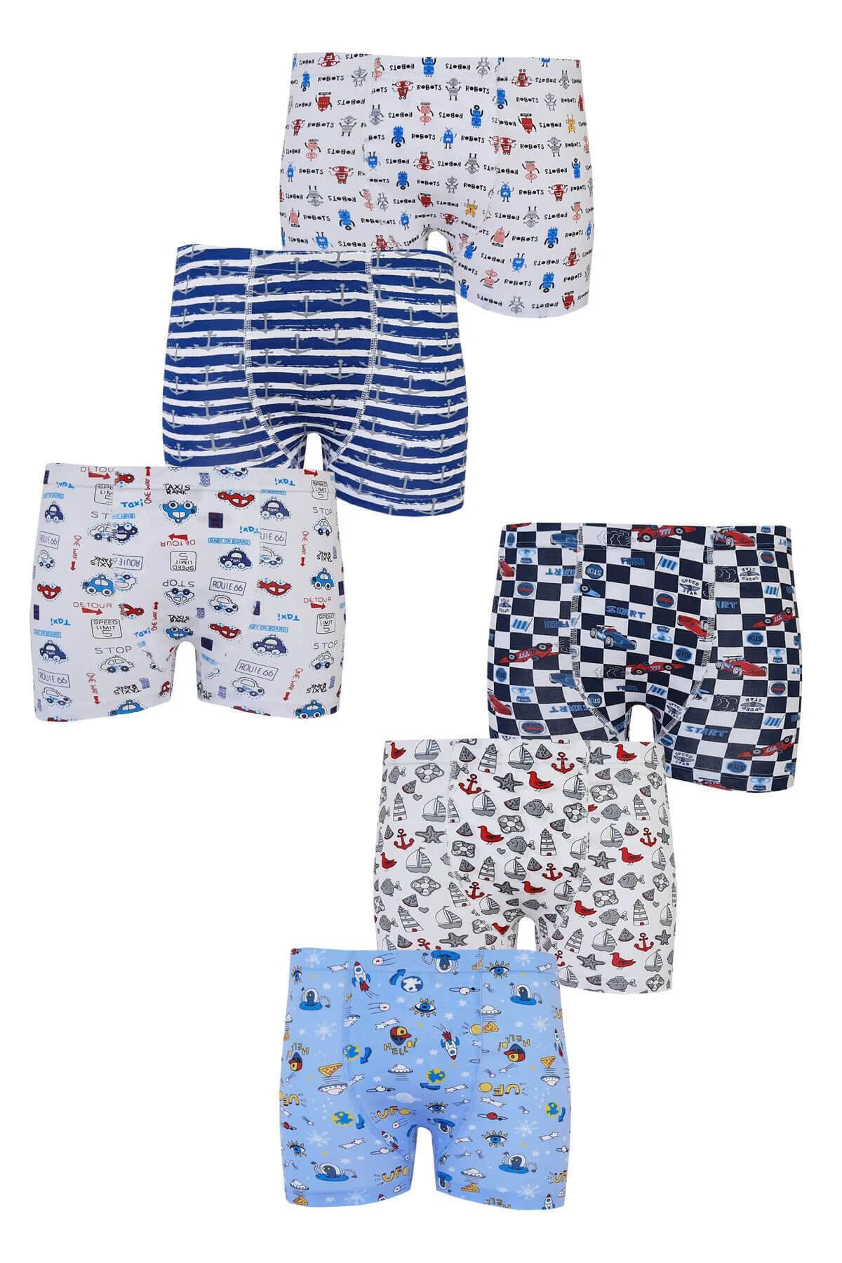 6lı Erkek Çocuk Renkli Boxer Desenli Baskılı Pamuklu Rahat