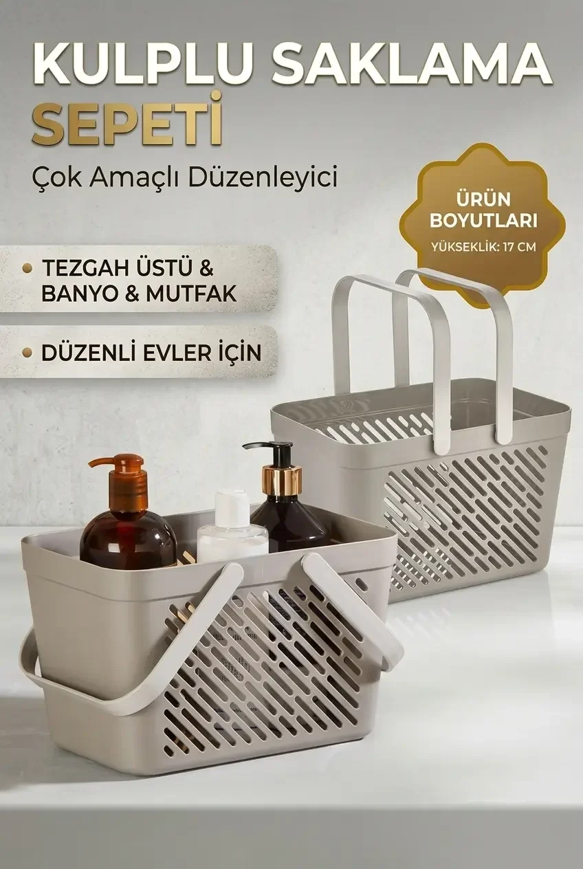 6'lı Gri Çok Amaçlı Organizer Sepet Kulplu Mutfak Banyo Saklama Seti