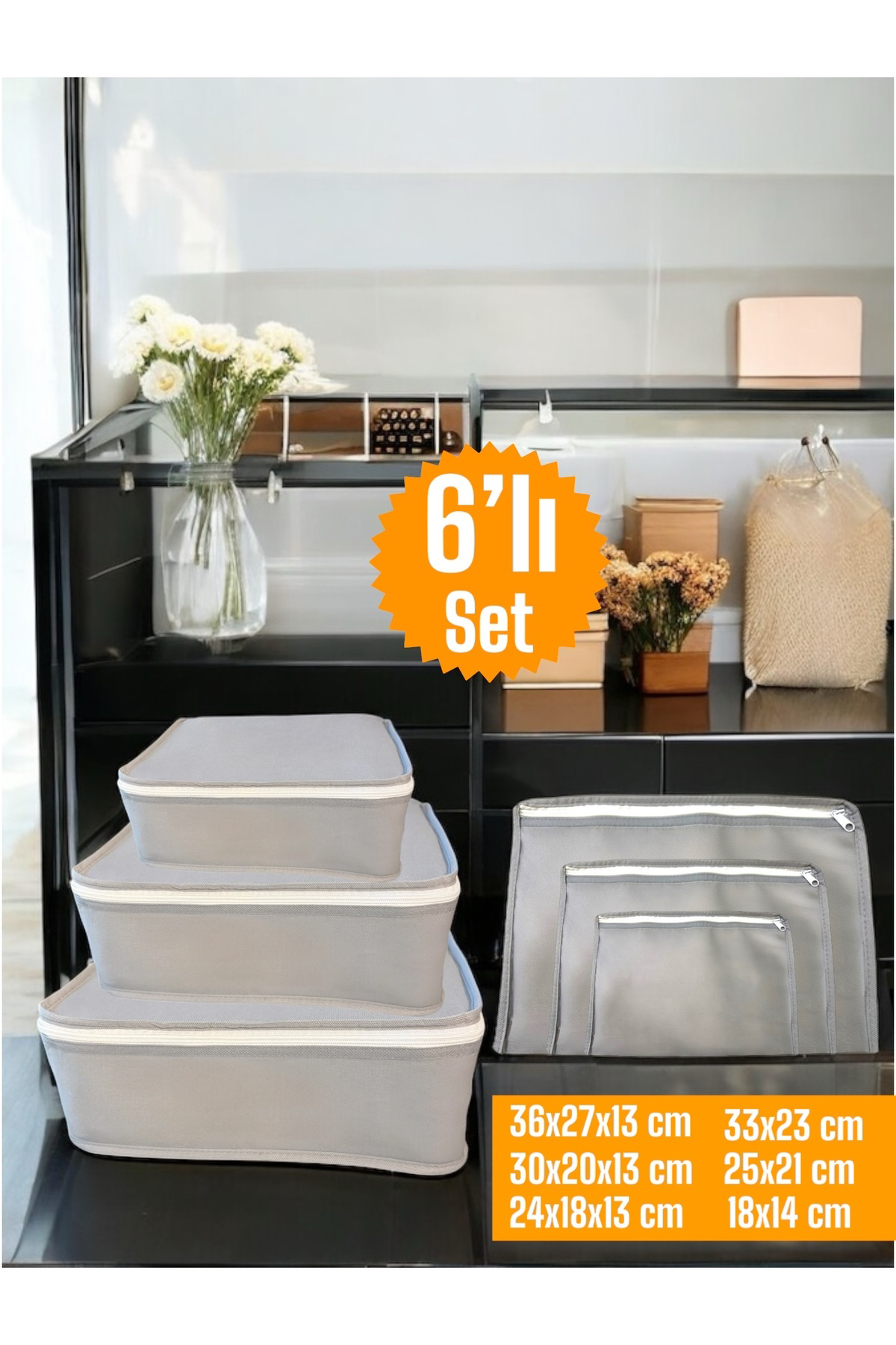 6'lı Gri Valiz Düzenleyici , Bavul Içi Düzenleyici Organizer Set