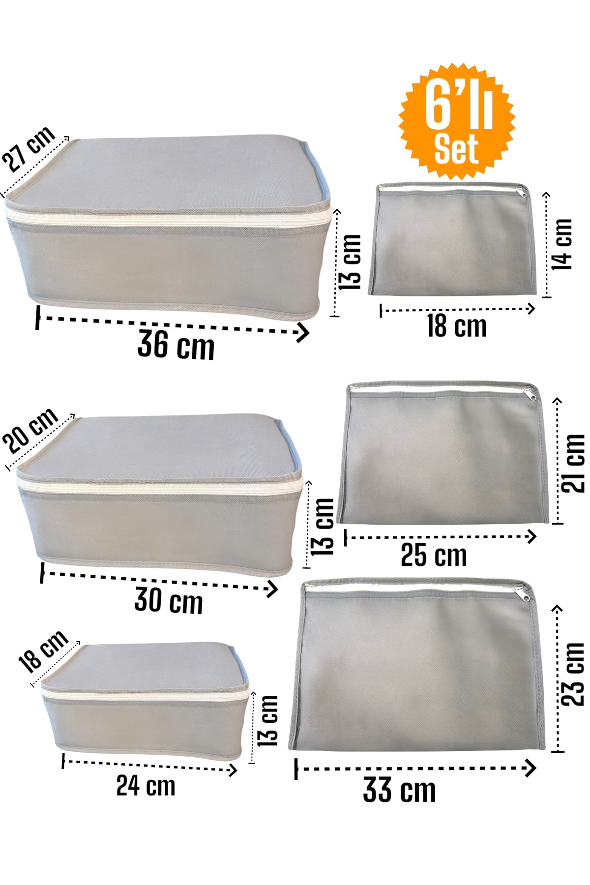 6'lı Gri Valiz Düzenleyici , Bavul Içi Düzenleyici Organizer Set