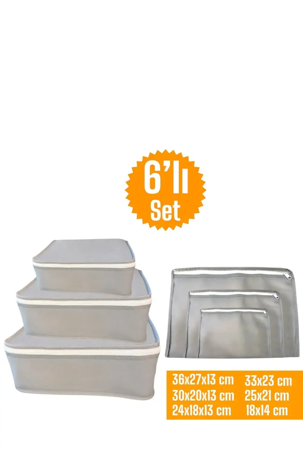 6'lı Gri Valiz Düzenleyici , Bavul Içi Düzenleyici Organizer Set